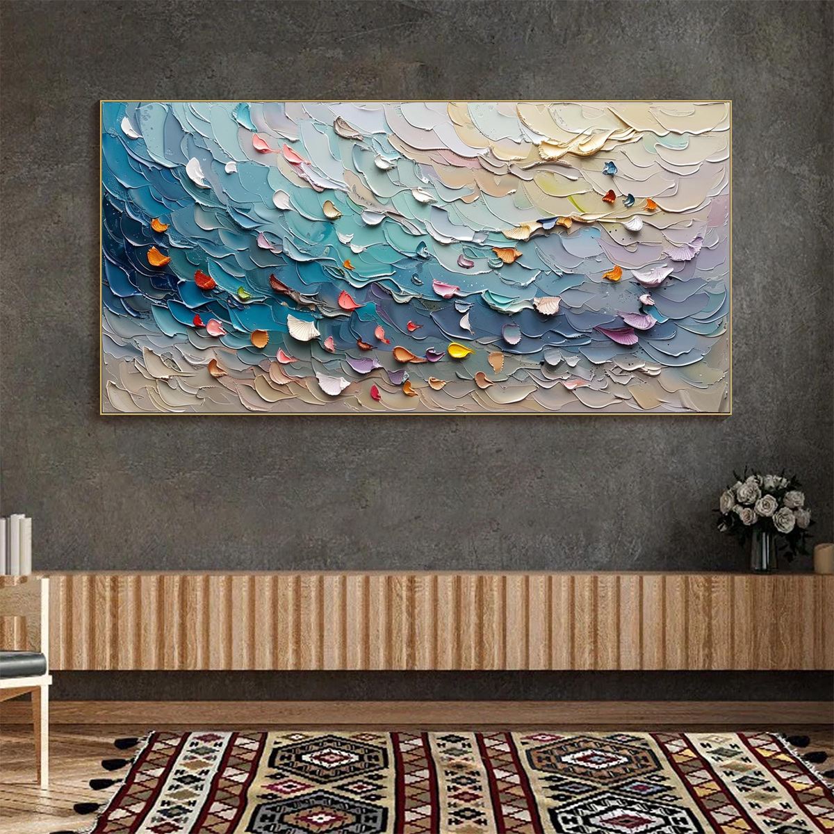 Coral Dream hand-painted coral and ivory textured coastal abstract painting shown with white frame