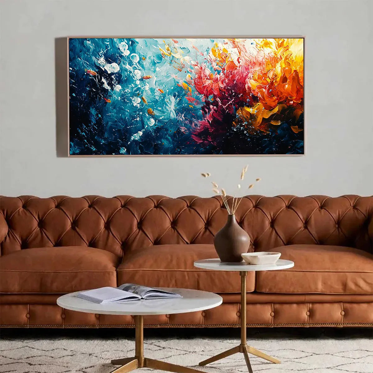 Coral Reef hand-painted coral and ivory textured coastal abstract painting shown as stretched canvas