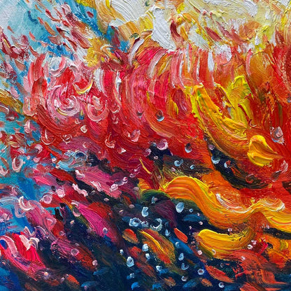 Coral Reef hand-painted coral and ivory textured coastal abstract painting shown with silver frame
