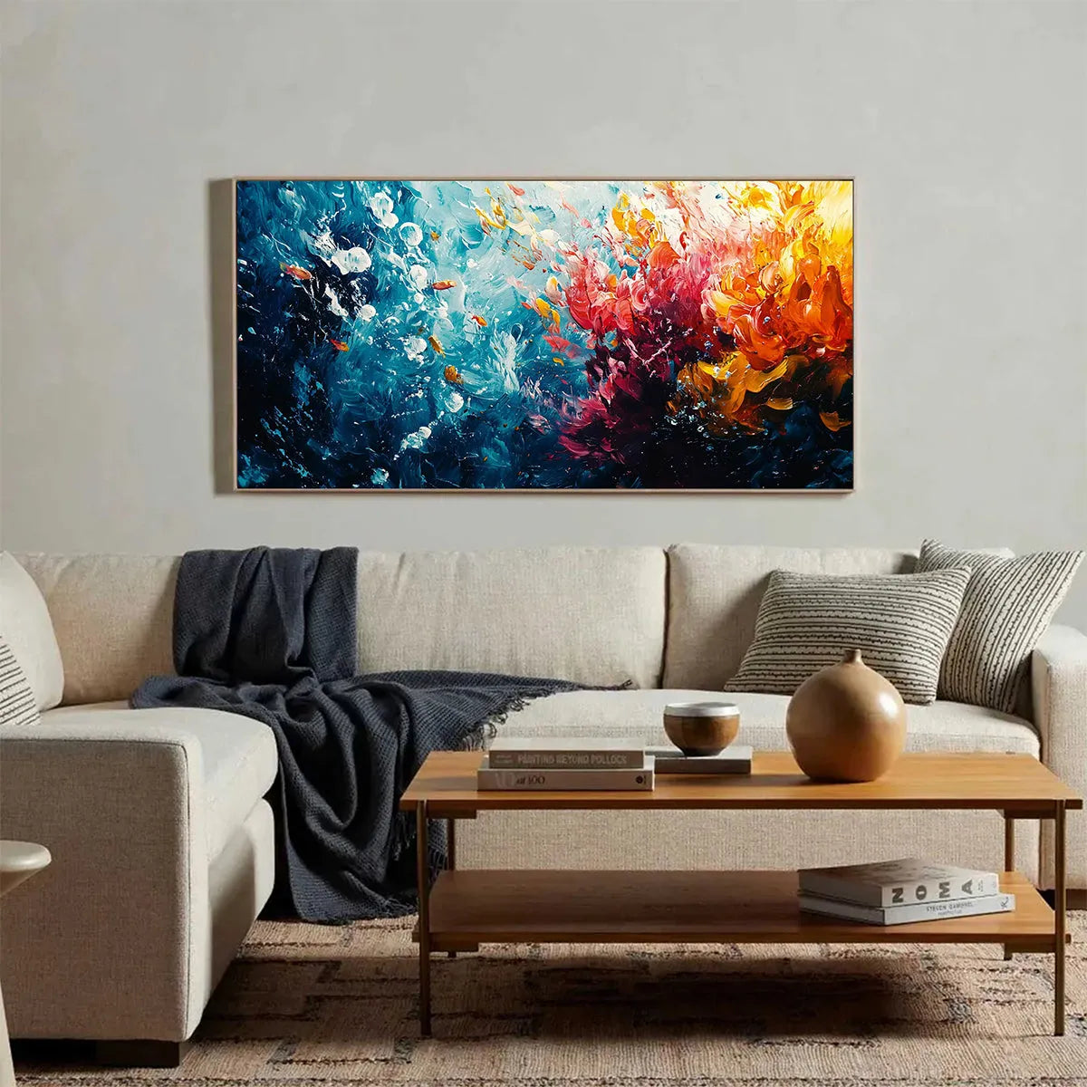 Coral Reef hand-painted coral and ivory textured coastal abstract painting shown with white frame