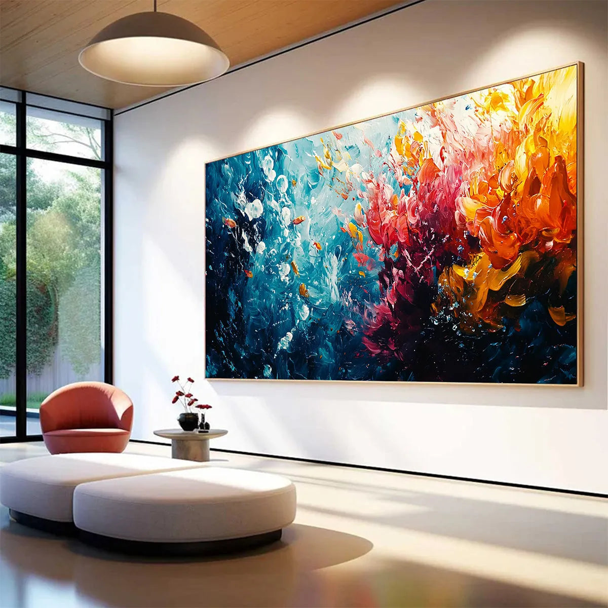 Coral Reef hand-painted coral and ivory textured coastal abstract painting shown with black frame