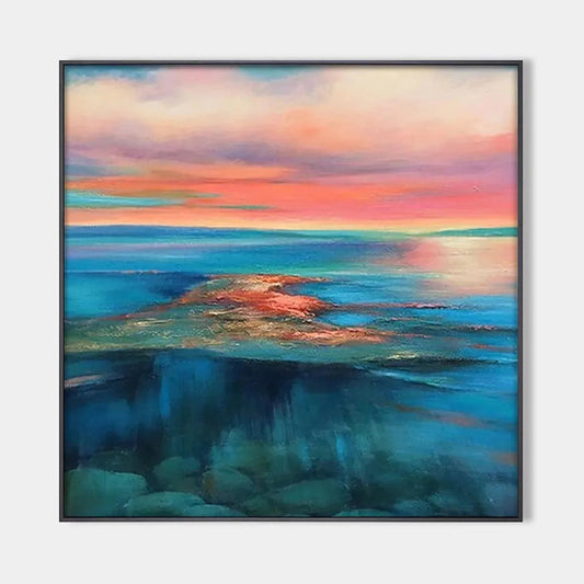 Coral Reef Sunset hand-painted coral and ivory textured sunset seascape painting rolled canvas option