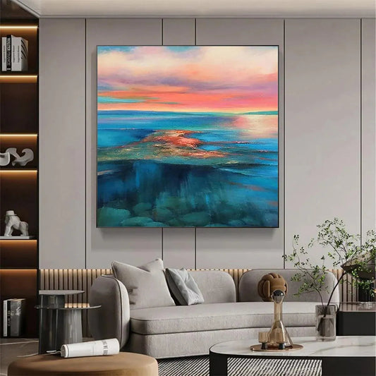 Coral Reef Sunset hand-painted coral and ivory textured sunset seascape painting shown as stretched canvas