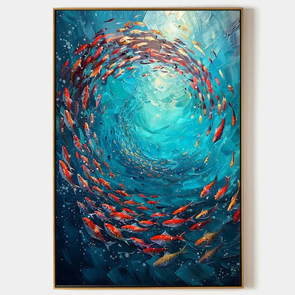 Coral Swirl hand-painted coral and ivory textured school of fish painting rolled canvas option