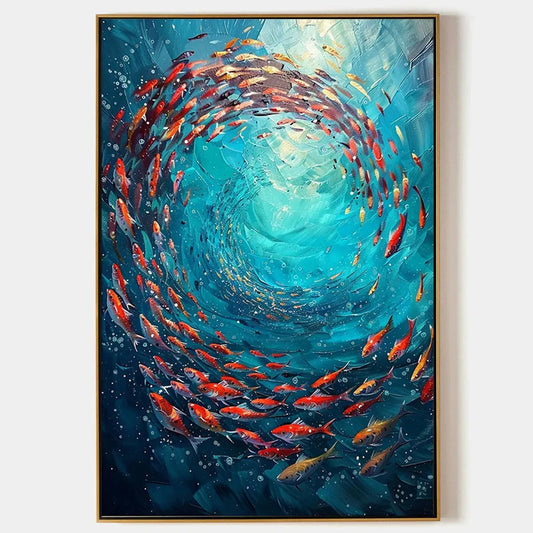 Coral Swirl hand-painted coral and ivory textured school of fish painting rolled canvas option
