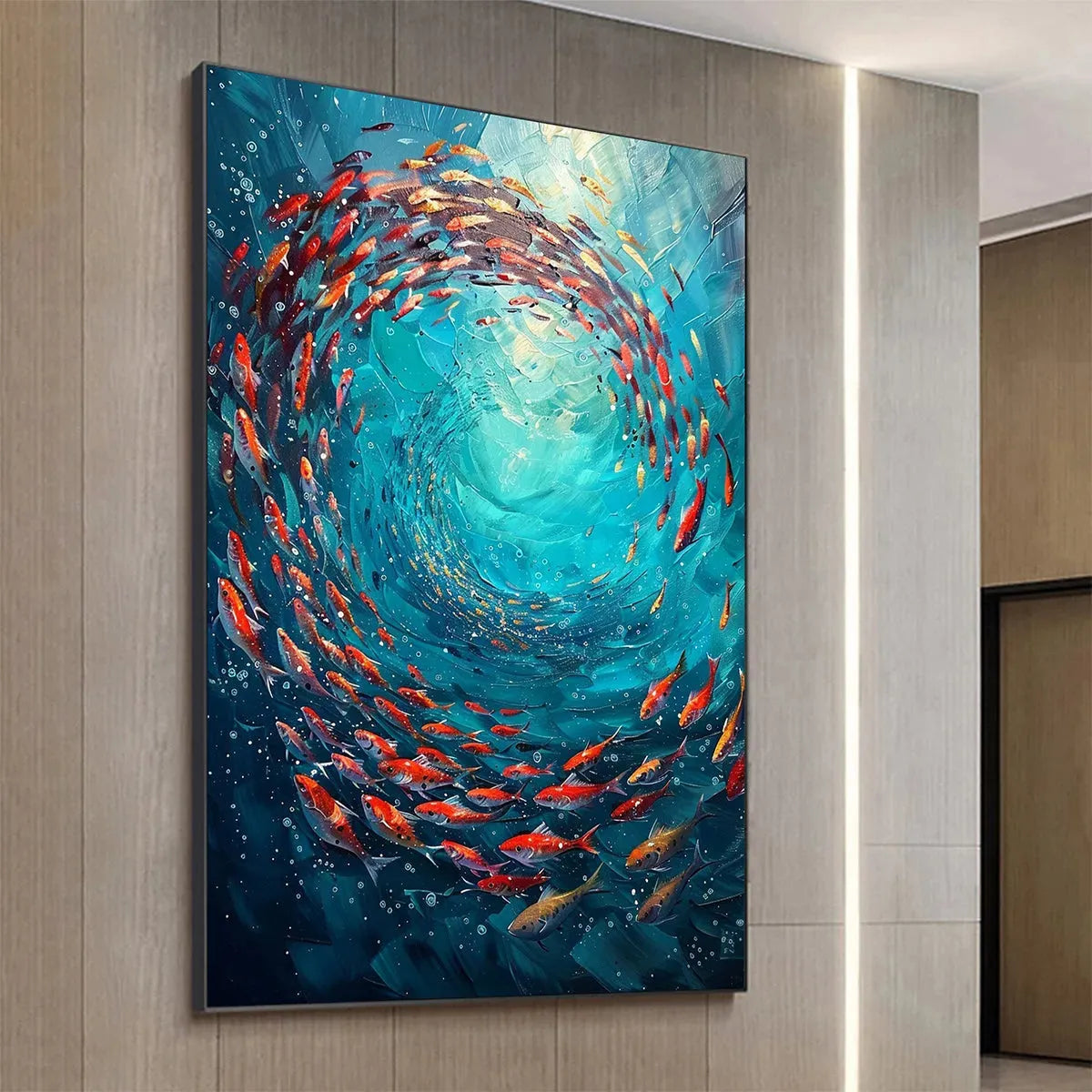 Coral Swirl hand-painted coral and ivory textured school of fish painting shown as stretched canvas