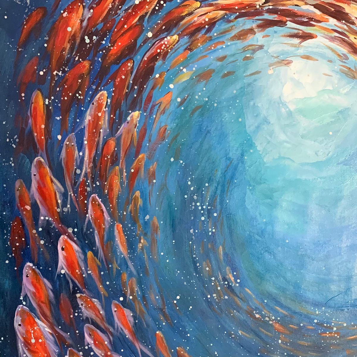 Coral Swirl hand-painted coral and ivory textured school of fish painting shown with silver frame