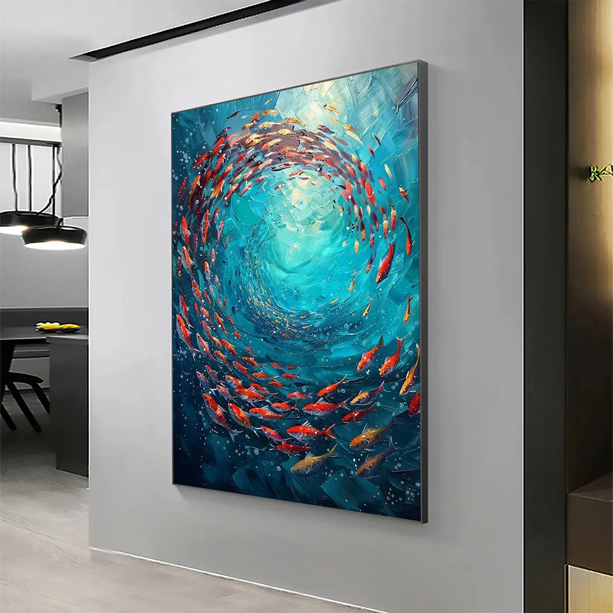 Coral Swirl hand-painted coral and ivory textured school of fish painting shown with black frame