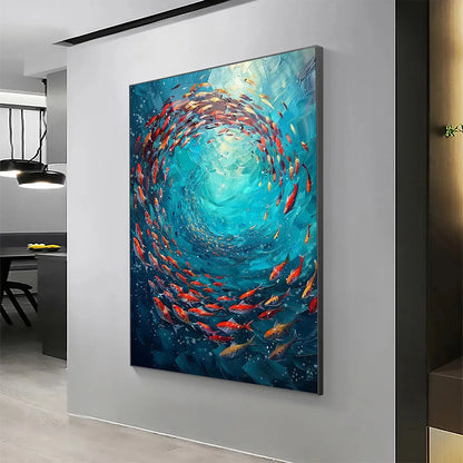 Coral Swirl hand-painted coral and ivory textured school of fish painting shown with black frame