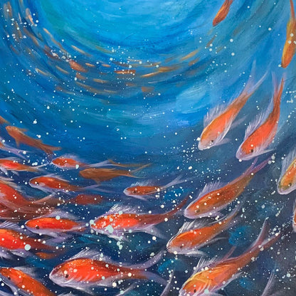 Coral Swirl hand-painted coral and ivory textured school of fish painting shown with wood frame