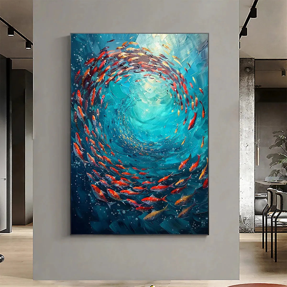 Coral Swirl hand-painted coral and ivory textured school of fish painting rolled canvas option
