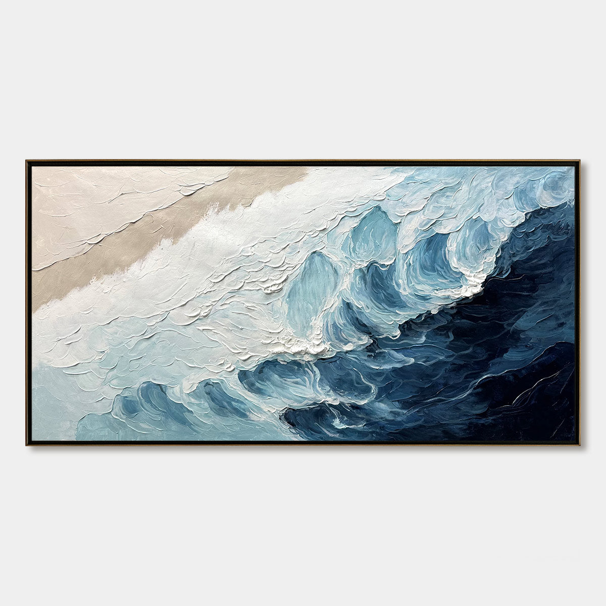 Crashing Waves hand-painted ocean blue and ivory textured seascape painting shown with silver frame