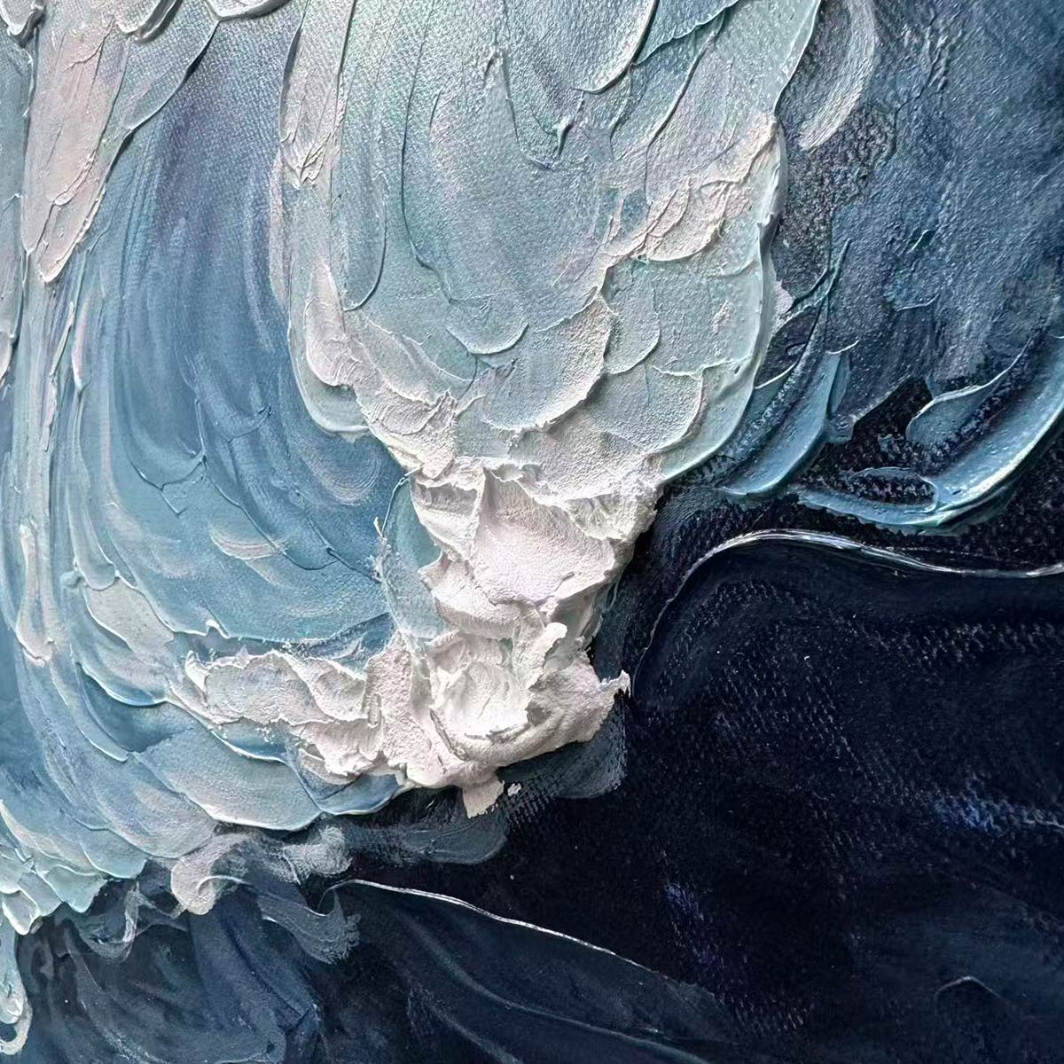 Crashing Waves hand-painted ocean blue and ivory textured seascape painting shown with white frame