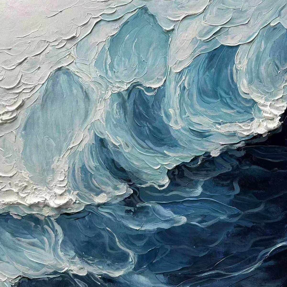 Crashing Waves hand-painted ocean blue and ivory textured seascape painting shown with black frame