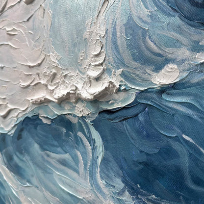 Crashing Waves hand-painted ocean blue and ivory textured seascape painting shown as stretched canvas