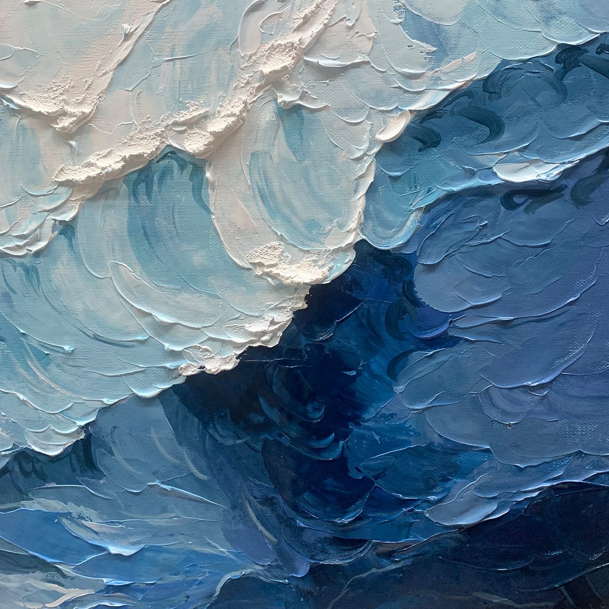 Crashing Waves hand-painted ocean blue and ivory textured seascape painting shown with wood frame