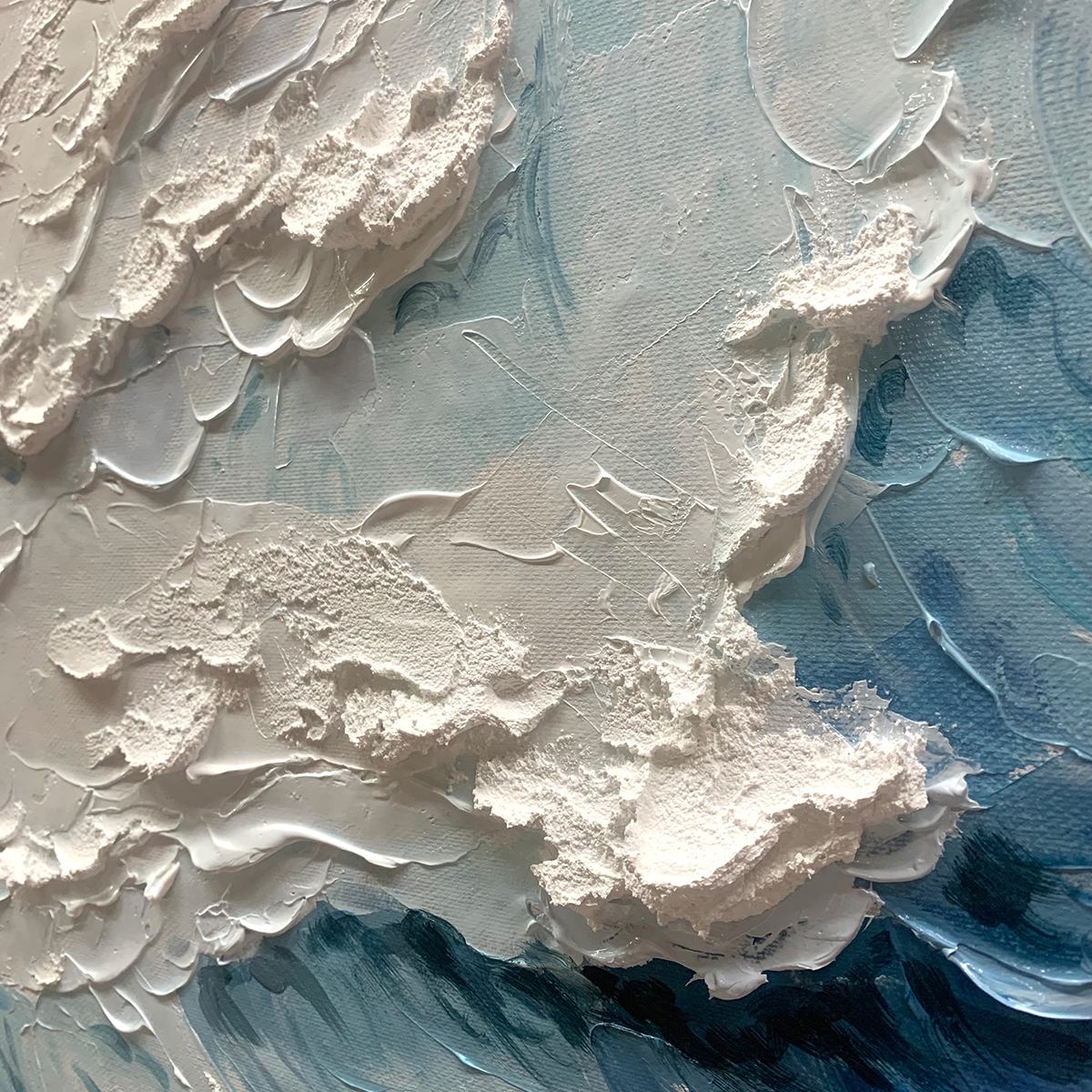 Crashing Waves hand-painted ocean blue and ivory textured seascape painting shown with silver frame