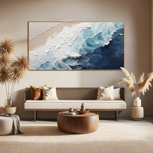 Crashing Waves hand-painted ocean blue and ivory textured seascape painting shown as stretched canvas