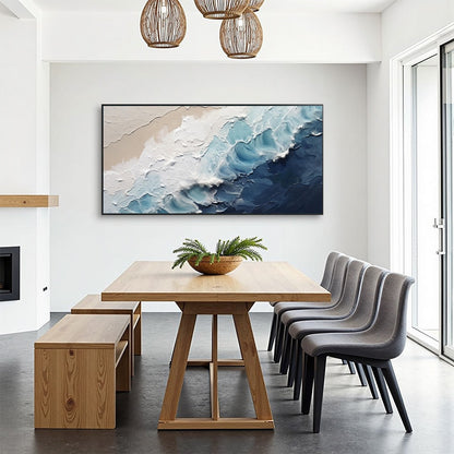Crashing Waves hand-painted ocean blue and ivory textured seascape painting shown with black frame