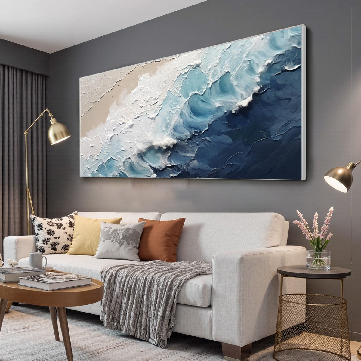 Crashing Waves hand-painted ocean blue and ivory textured seascape painting shown with white frame