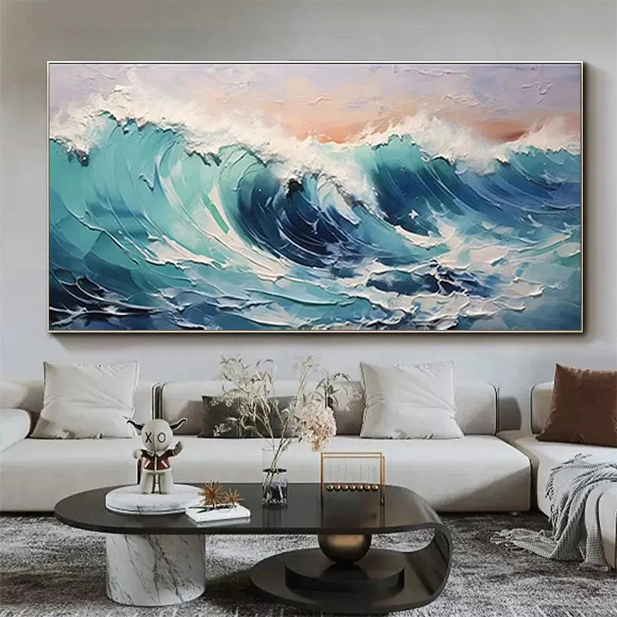 Cresting Wave hand-painted turquoise and ocean blue textured ocean wave painting shown as stretched canvas
