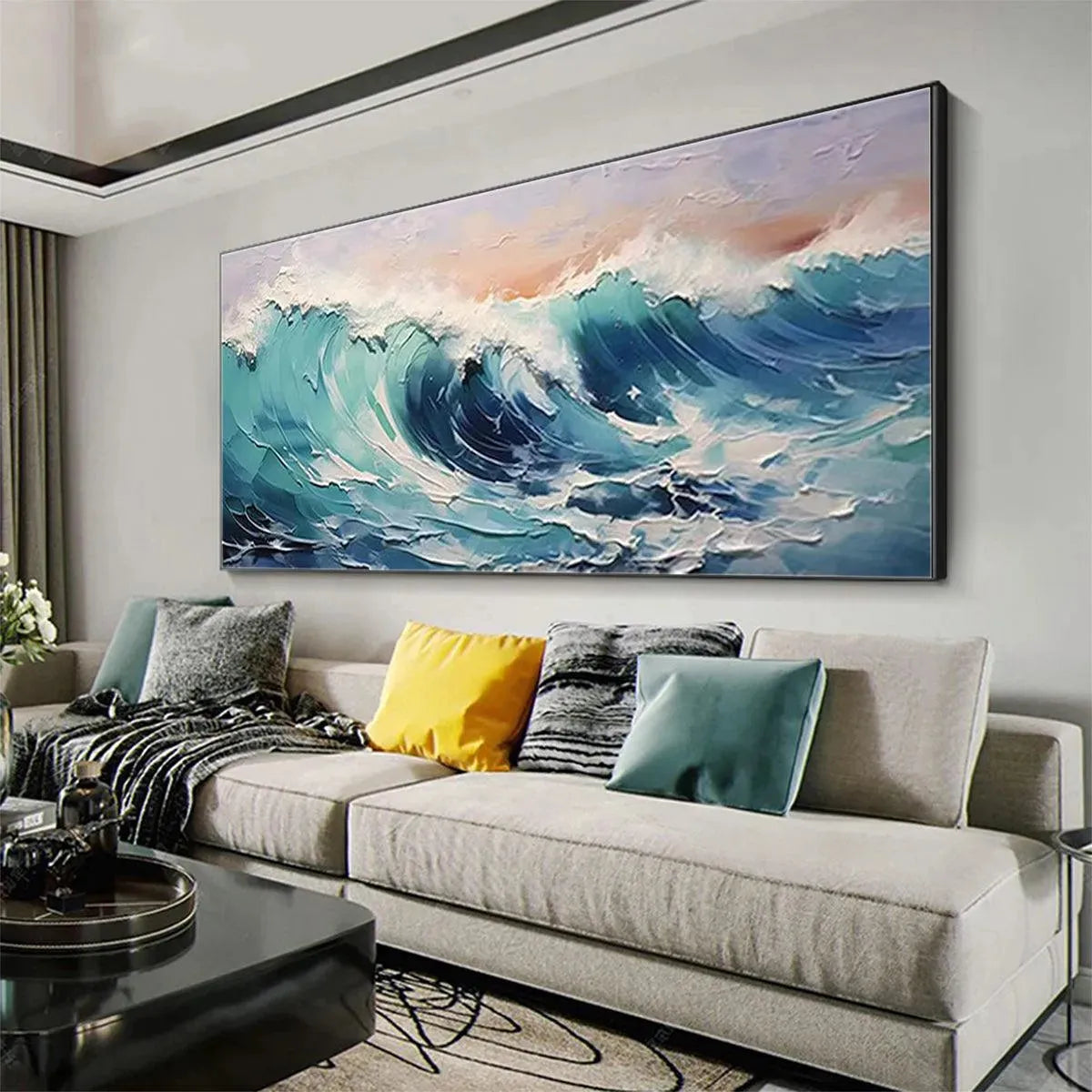 Cresting Wave hand-painted turquoise and ocean blue textured ocean wave painting shown with black frame