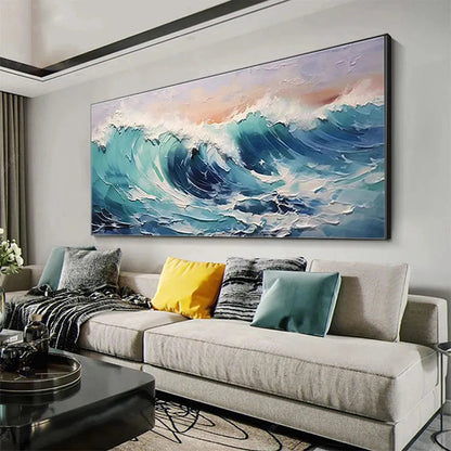 Cresting Wave hand-painted turquoise and ocean blue textured ocean wave painting shown with black frame