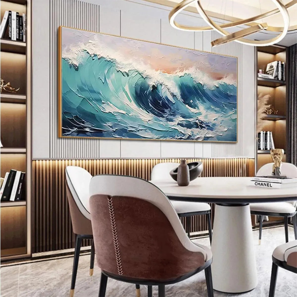 Cresting Wave hand-painted turquoise and ocean blue textured ocean wave painting shown as stretched canvas