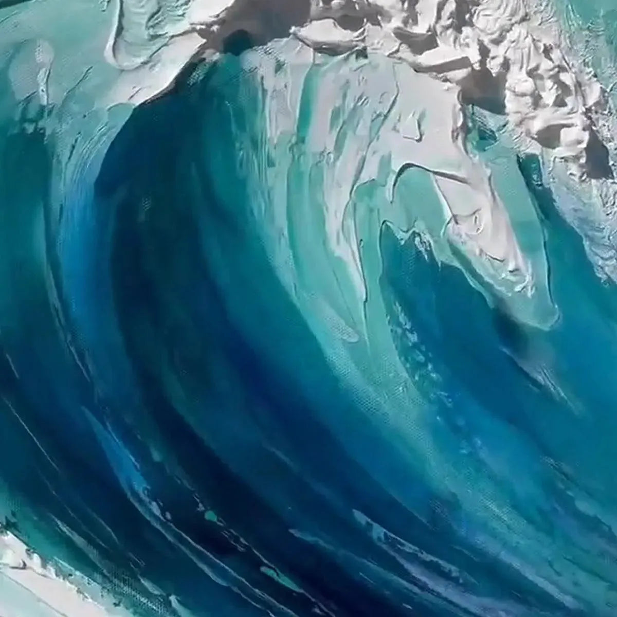 Cresting Wave hand-painted turquoise and ocean blue textured ocean wave painting shown with silver frame