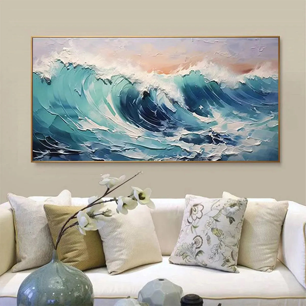 Cresting Wave hand-painted turquoise and ocean blue textured ocean wave painting shown with white frame