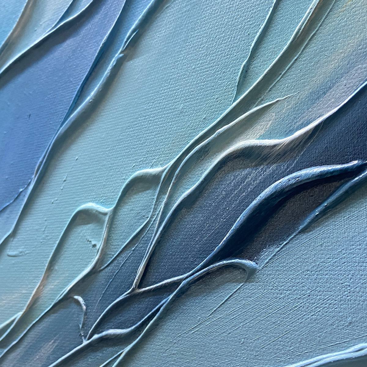 Cresting Wave hand-painted ocean blue, ivory and soft neutral tones textured ocean wave painting shown with wood frame