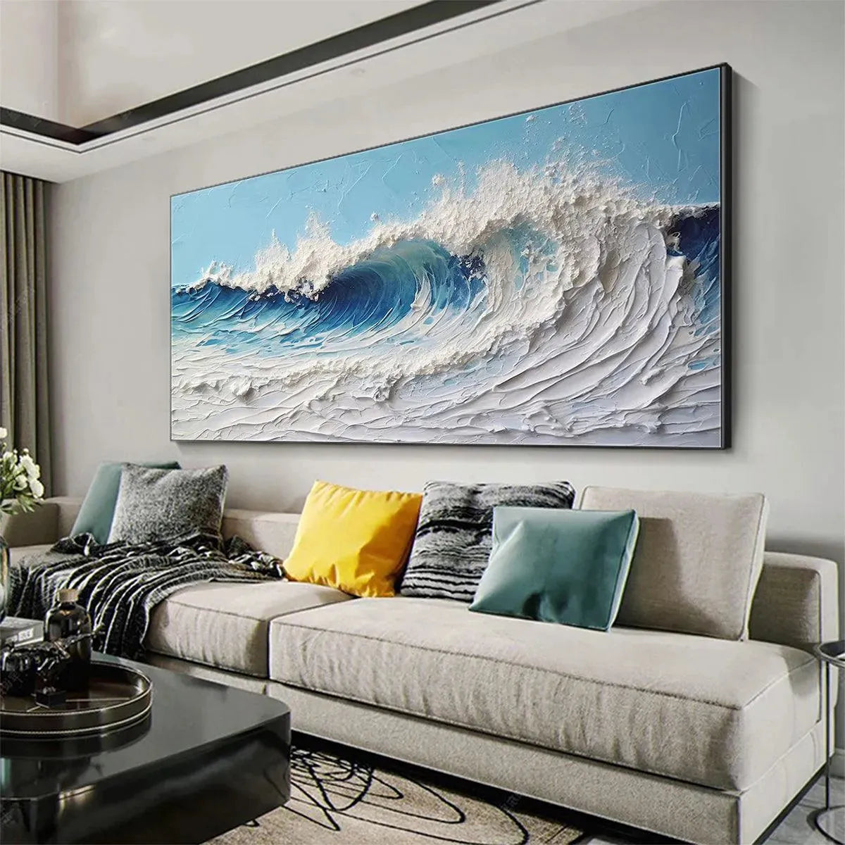 Cresting Wave hand-painted white and ocean blue textured ocean wave painting shown with white frame