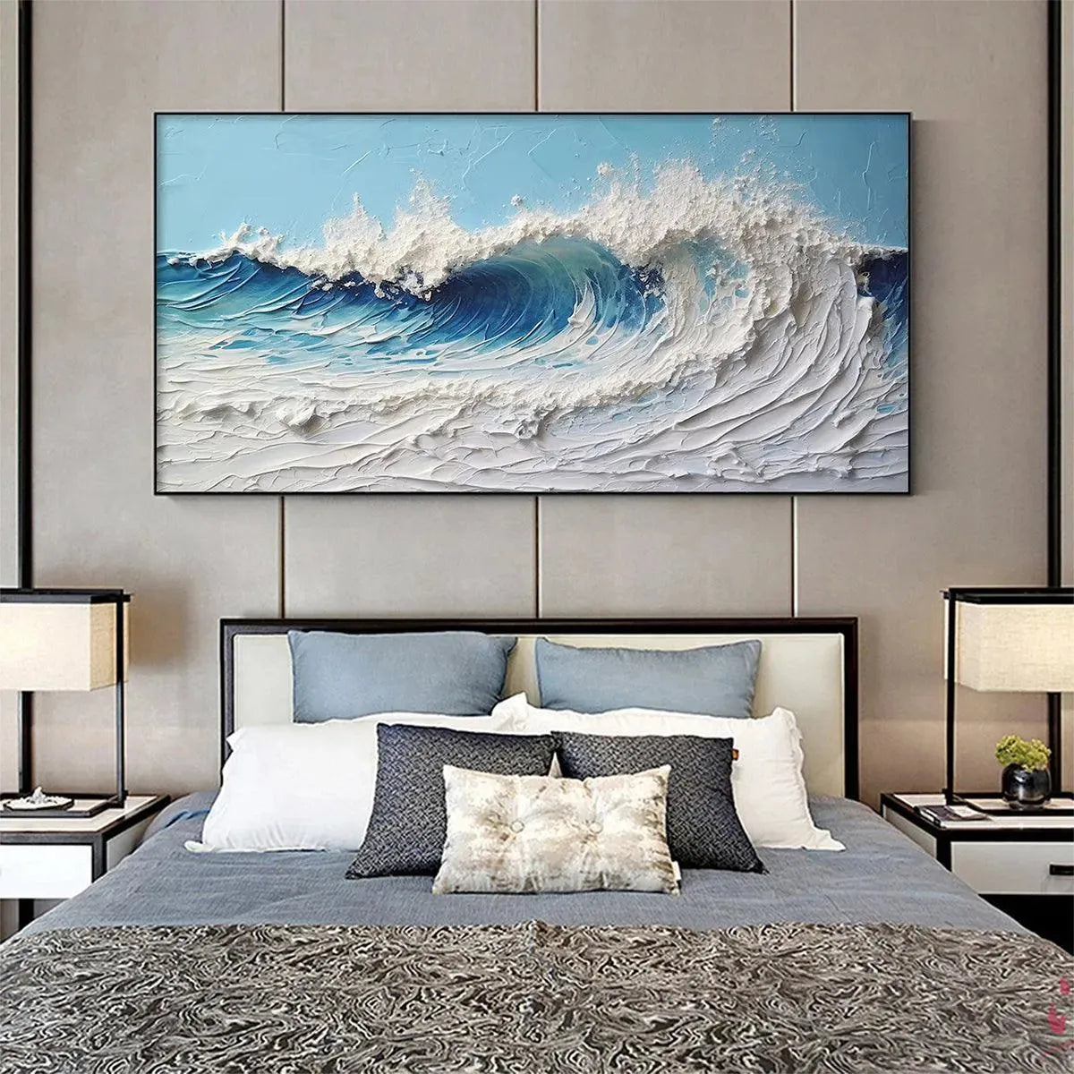 Cresting Wave hand-painted white and ocean blue textured ocean wave painting rolled canvas option