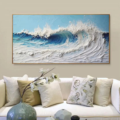 Cresting Wave hand-painted white and ocean blue textured ocean wave painting shown as stretched canvas