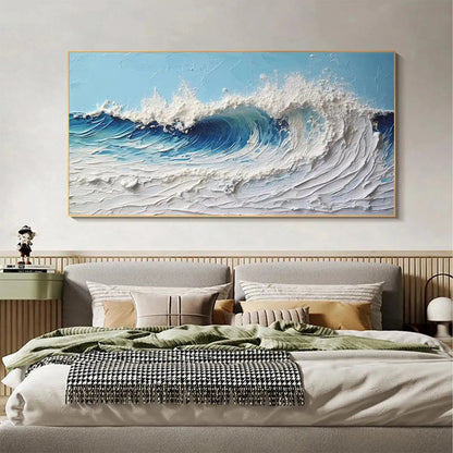 Cresting Wave hand-painted white and ocean blue textured ocean wave painting shown as stretched canvas