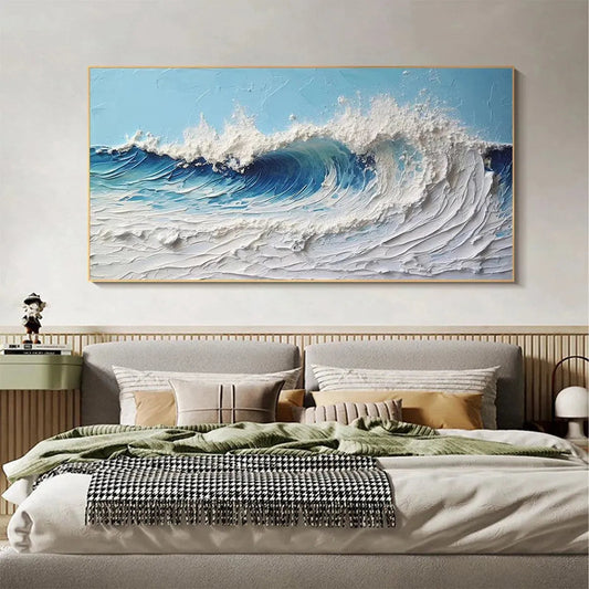 Cresting Wave hand-painted white and ocean blue textured ocean wave painting shown as stretched canvas
