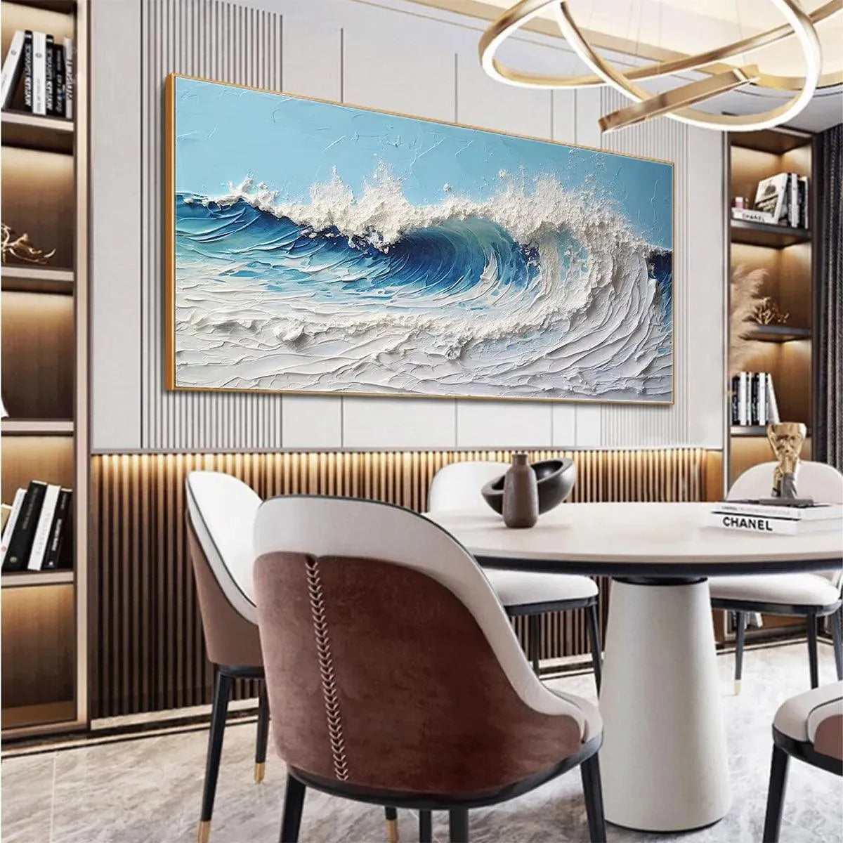 Cresting Wave hand-painted white and ocean blue textured ocean wave painting shown with black frame
