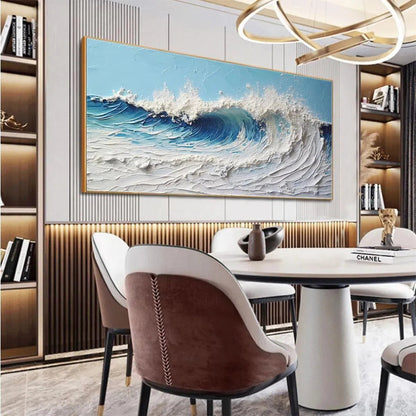 Cresting Wave hand-painted white and ocean blue textured ocean wave painting shown with black frame