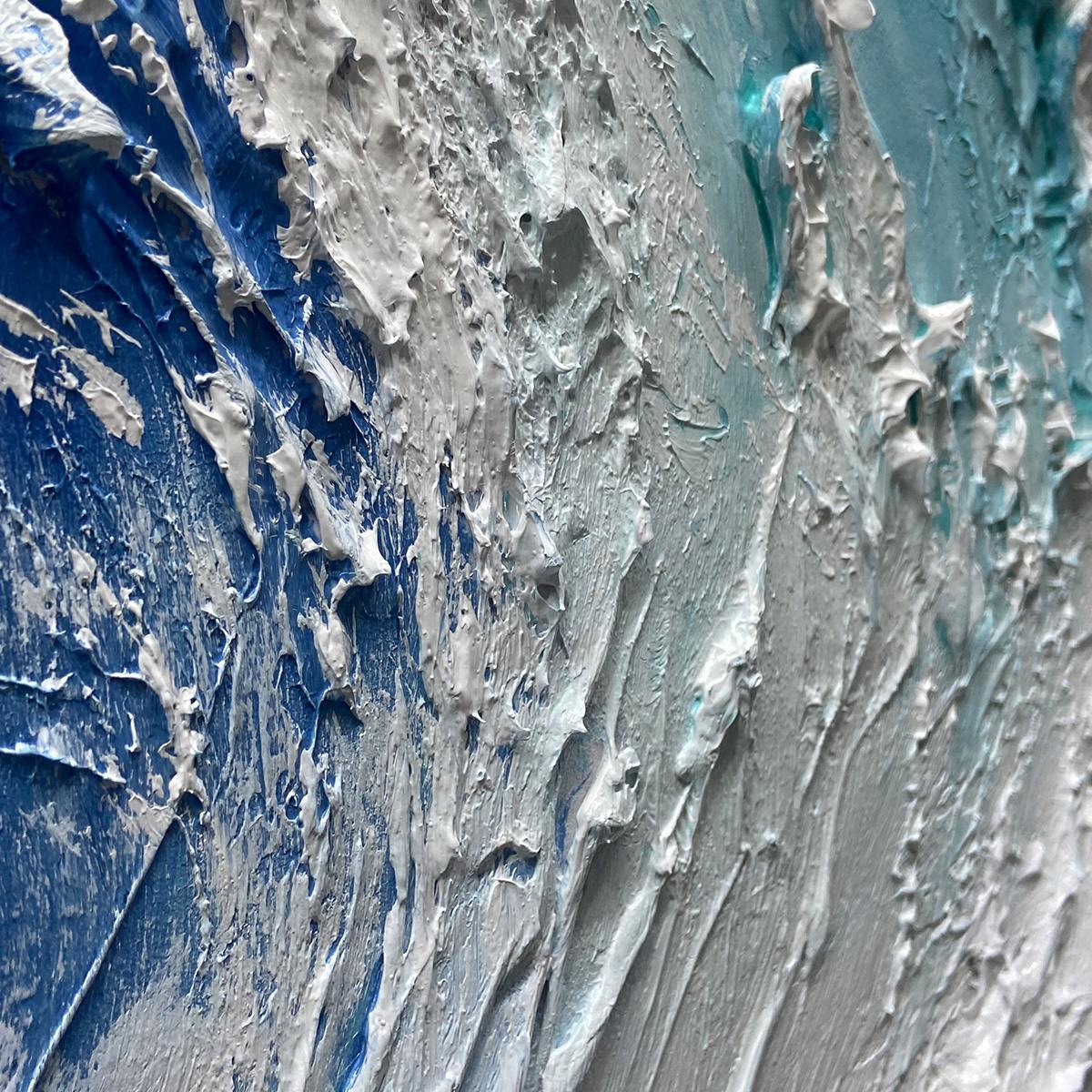Cresting Wave hand-painted white and ocean blue textured ocean wave painting shown with silver frame