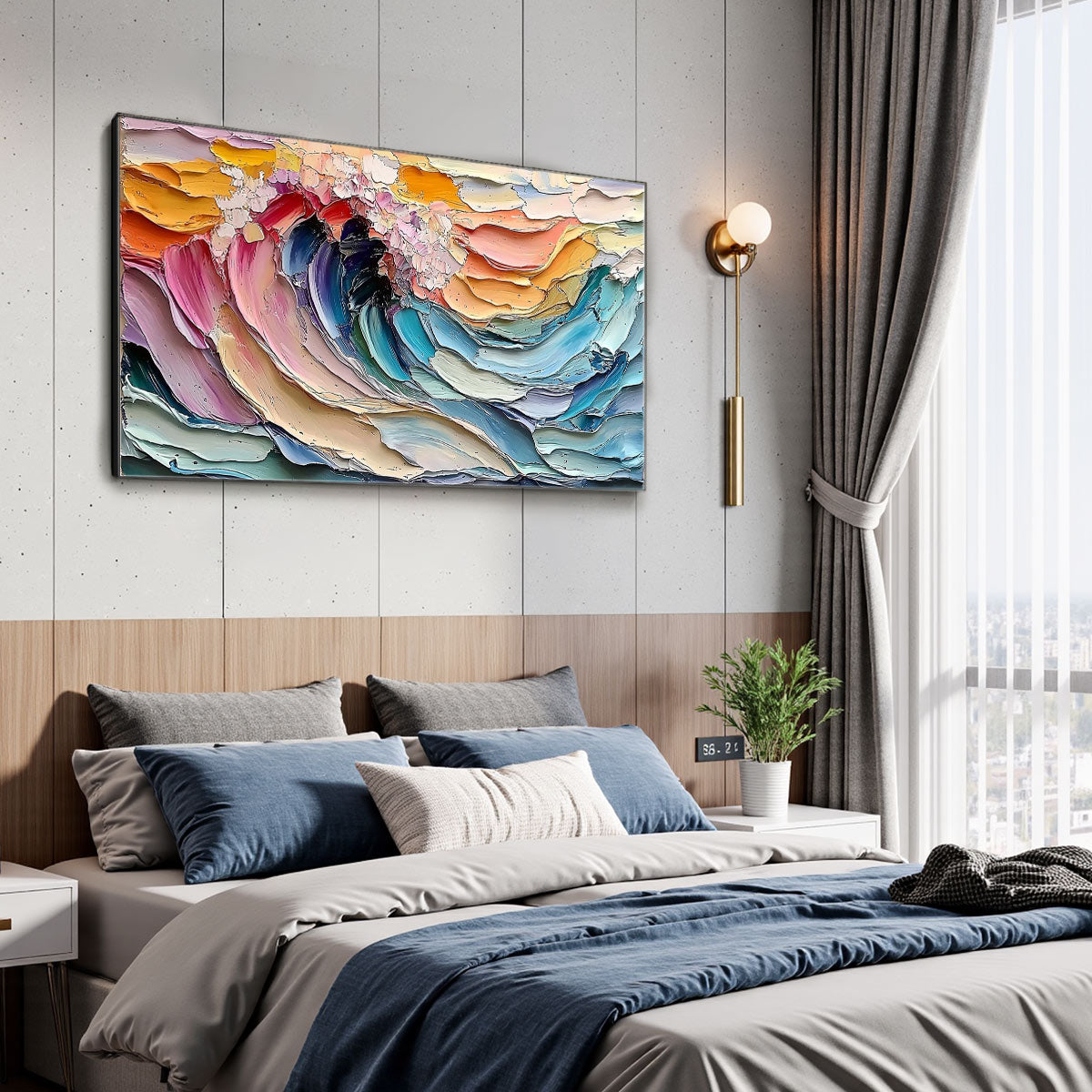 Cresting Wave hand-painted ocean blue, ivory and soft neutral tones textured ocean wave painting shown with white frame