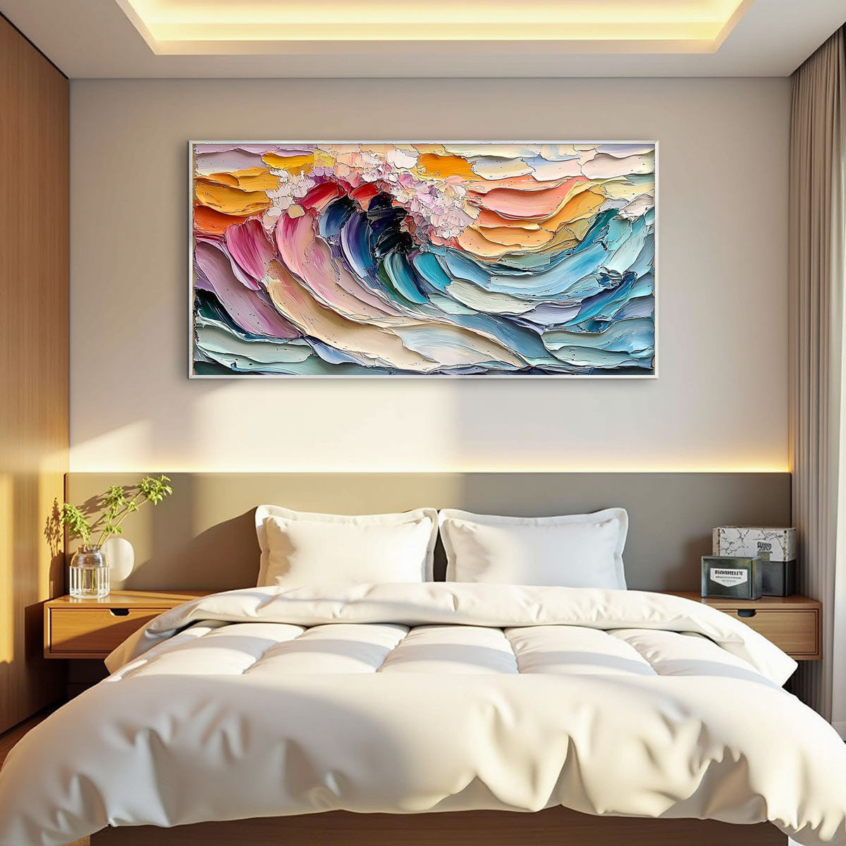 Cresting Wave hand-painted ocean blue, ivory and soft neutral tones textured ocean wave painting shown with wood frame