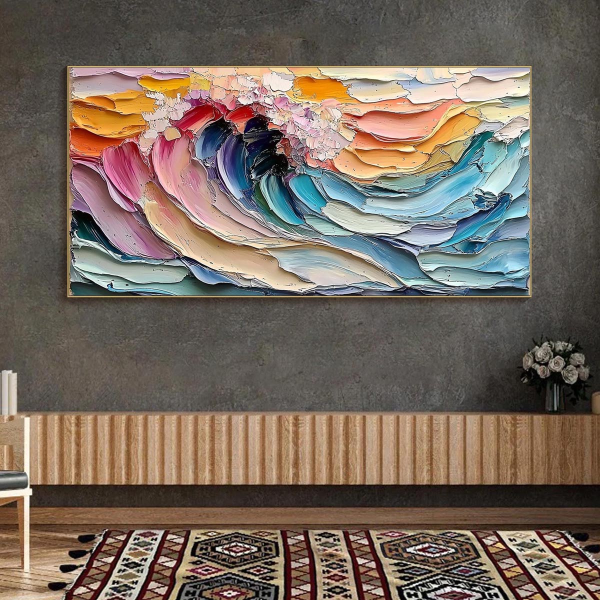Cresting Wave hand-painted ocean blue, ivory and soft neutral tones textured ocean wave painting rolled canvas option