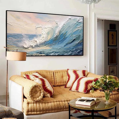Cresting Wave hand-painted ocean blue, ivory and soft neutral tones textured ocean wave painting shown with white frame