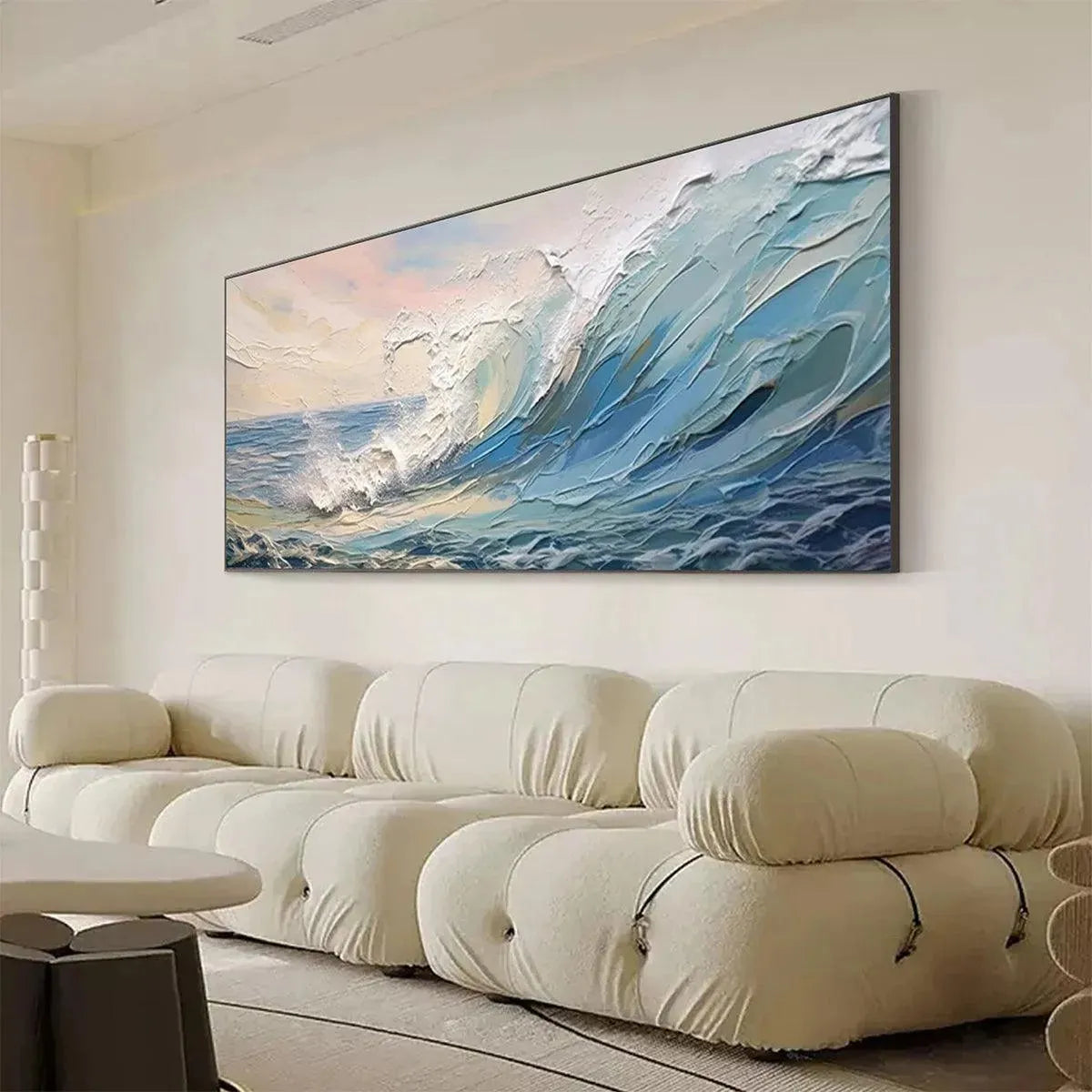 Cresting Wave hand-painted ocean blue, ivory and soft neutral tones textured ocean wave painting shown with black frame