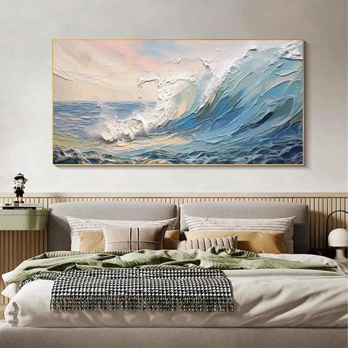 Cresting Wave hand-painted ocean blue, ivory and soft neutral tones textured ocean wave painting rolled canvas option