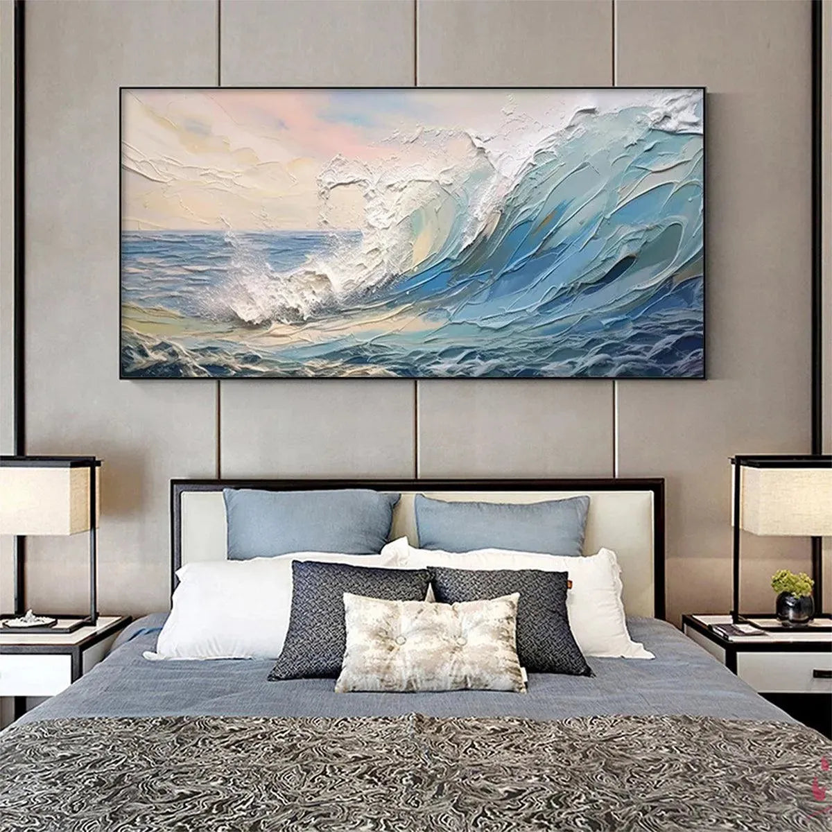 Cresting Wave hand-painted ocean blue, ivory and soft neutral tones textured ocean wave painting shown as stretched canvas