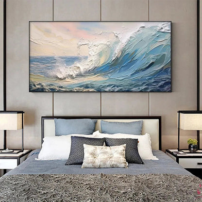 Cresting Wave hand-painted ocean blue, ivory and soft neutral tones textured ocean wave painting shown as stretched canvas