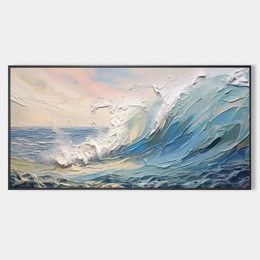 Cresting Wave hand-painted ocean blue, ivory and soft neutral tones textured ocean wave painting rolled canvas option