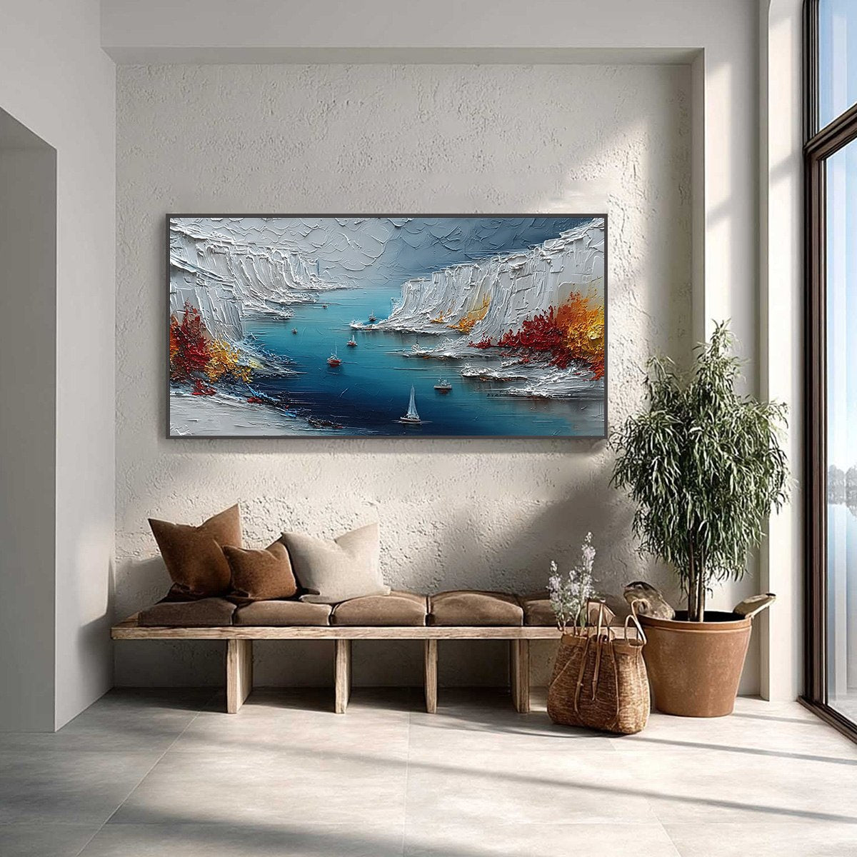 Crimson Fjord hand-painted white, ocean blue and orange textured mountain lake painting shown as stretched canvas