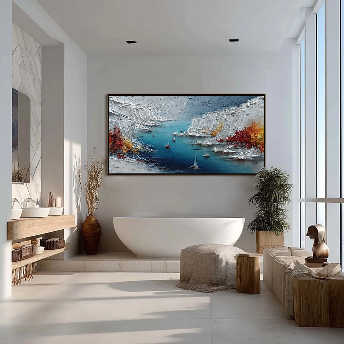 Crimson Fjord hand-painted white, ocean blue and orange textured mountain lake painting shown with silver frame